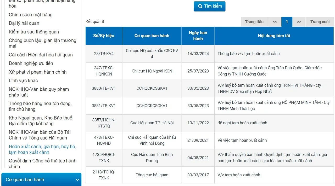 Kiểm tra thông tin cấm xuất cảnh trên trang web Hải quan