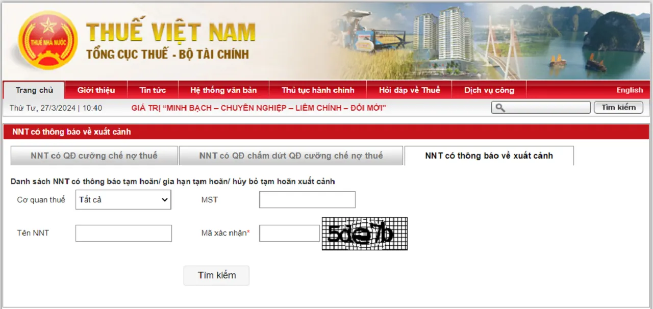 Kiểm tra thông tin cấm xuất cảnh trên trang web Tổng Cục Thuế