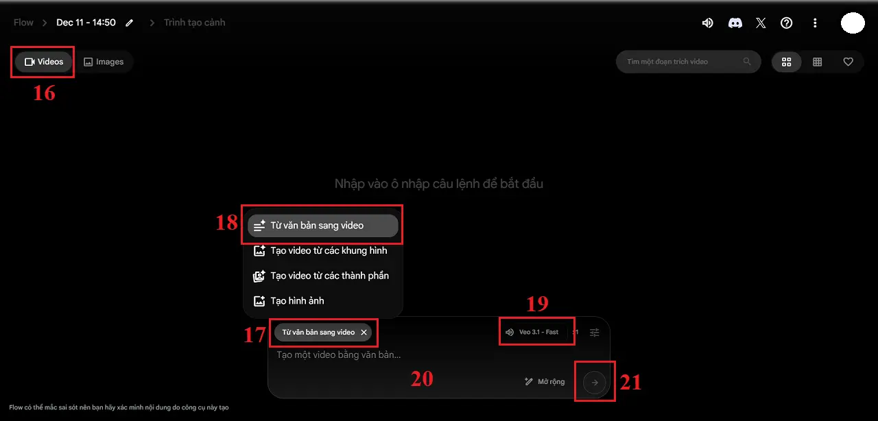 Giao diện tạo video với Prompt của công cụ FLOW Google