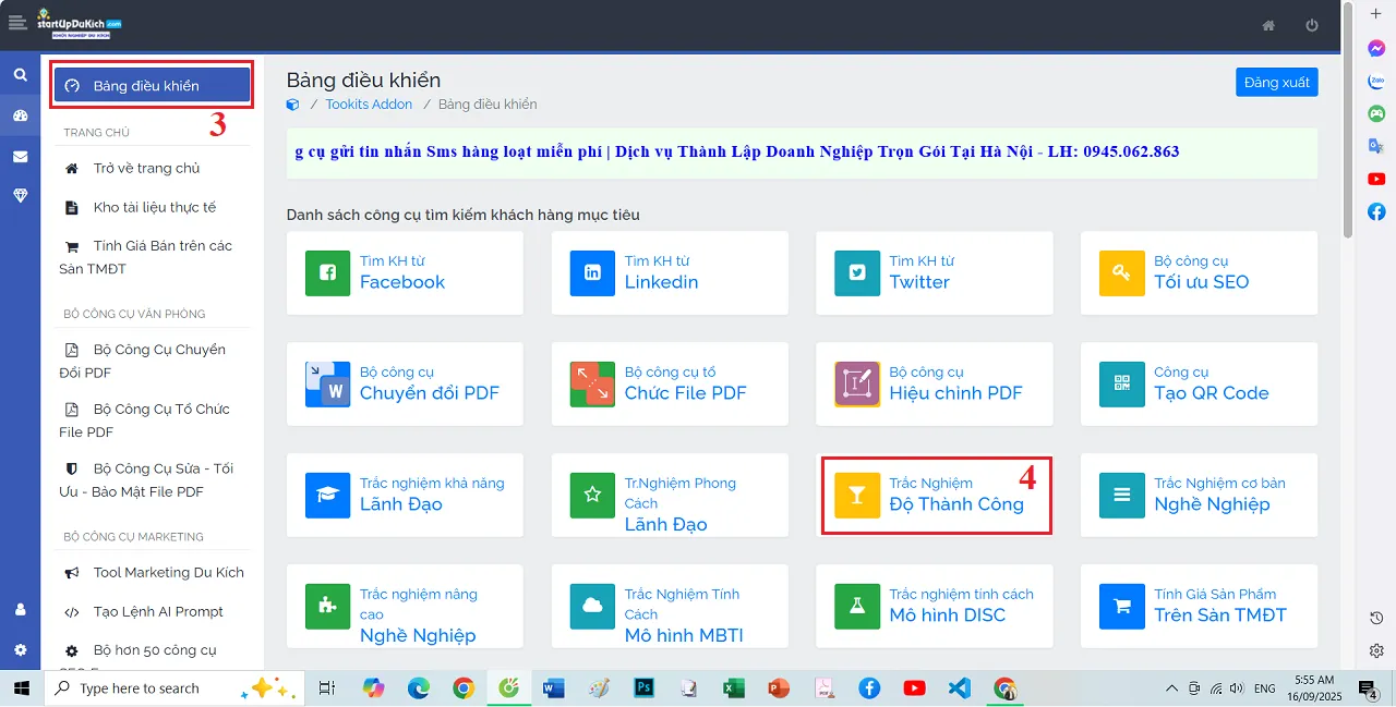 Mở công cụ Trắc nghiệm Độ thành công online miễn phí