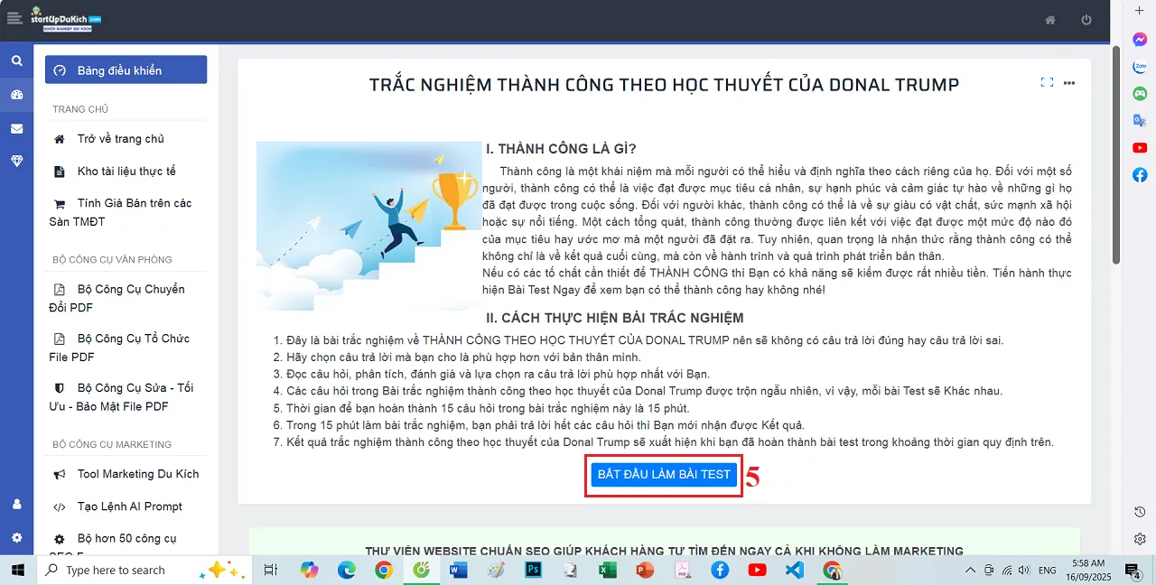 Giao diện làm việc của công cụ trắc nghiệm độ thành công online miễn phí