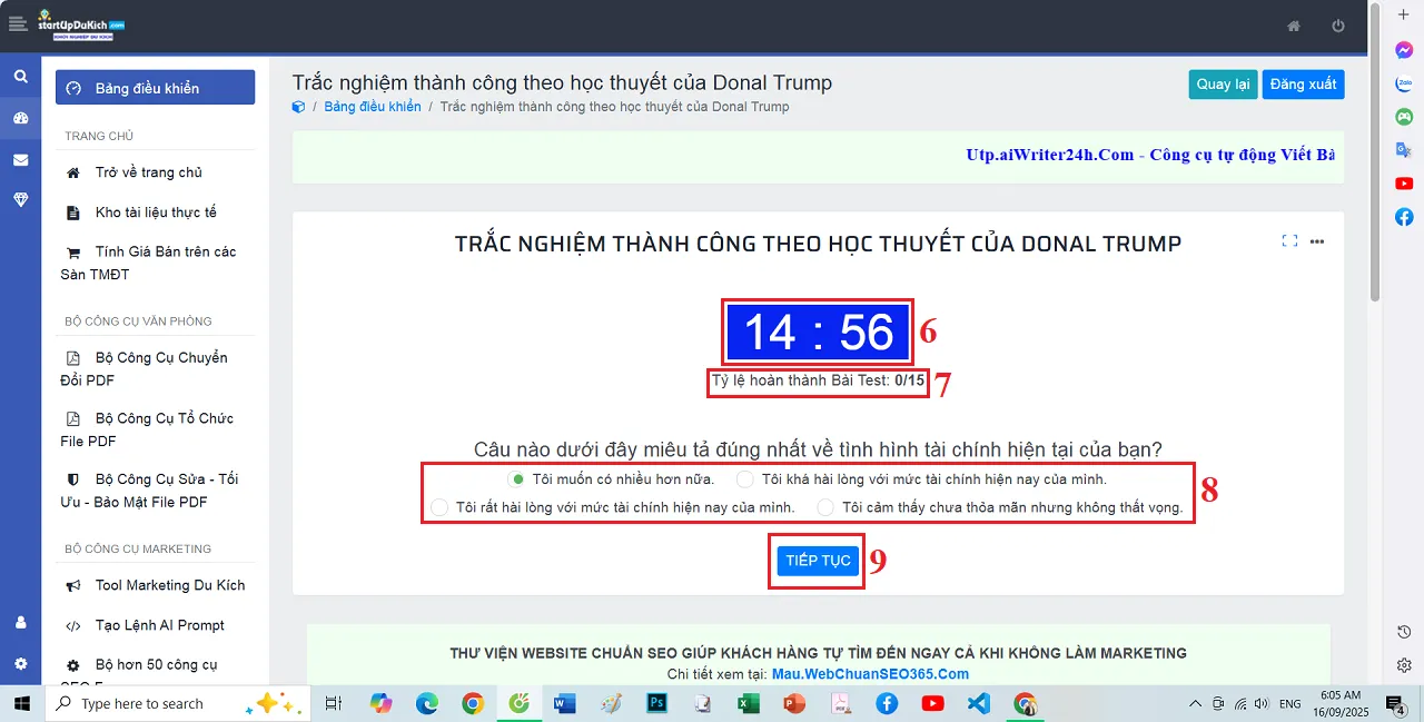 Giao diện làm bài trắc nghiệm độ thành công