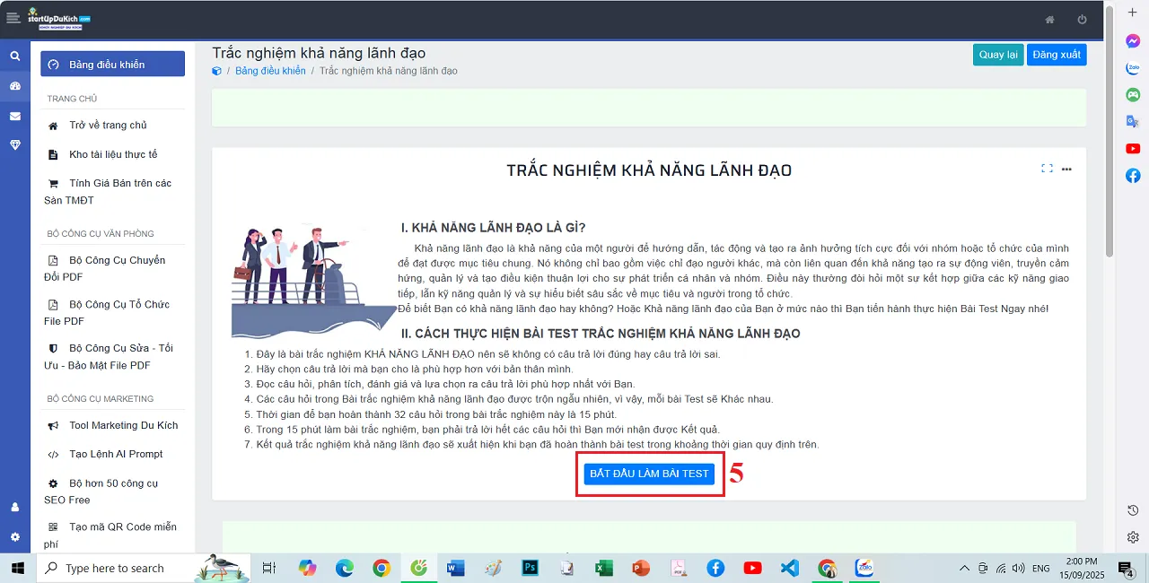 Giao diện làm việc của công cụ trắc nghiệm khả năng lãnh đạo trực tuyến