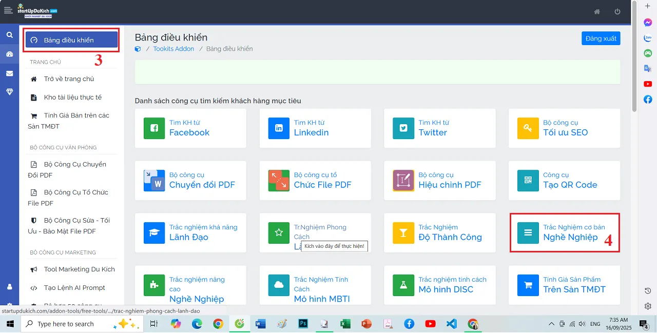 Mở công cụ Trắc nghiệm nghề nghiệp cơ bản online miễn phí