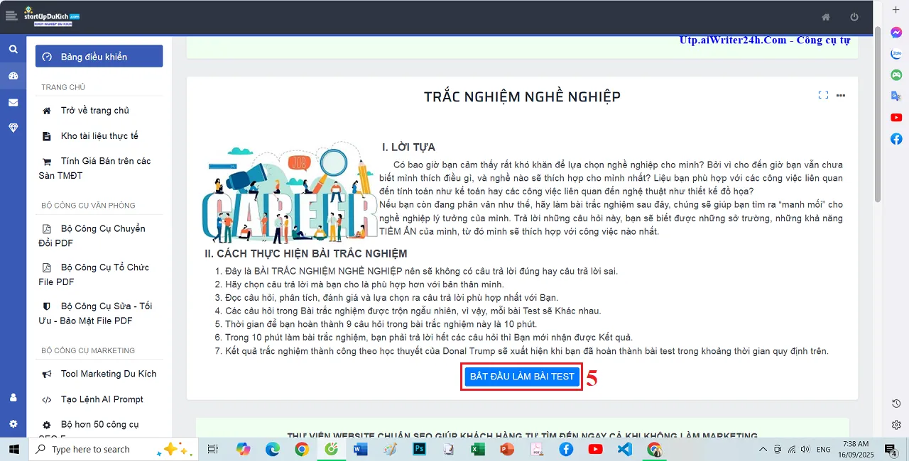 Giao diện chính của Công cụ Trắc nghiệm nghề nghiệp online miễn phí