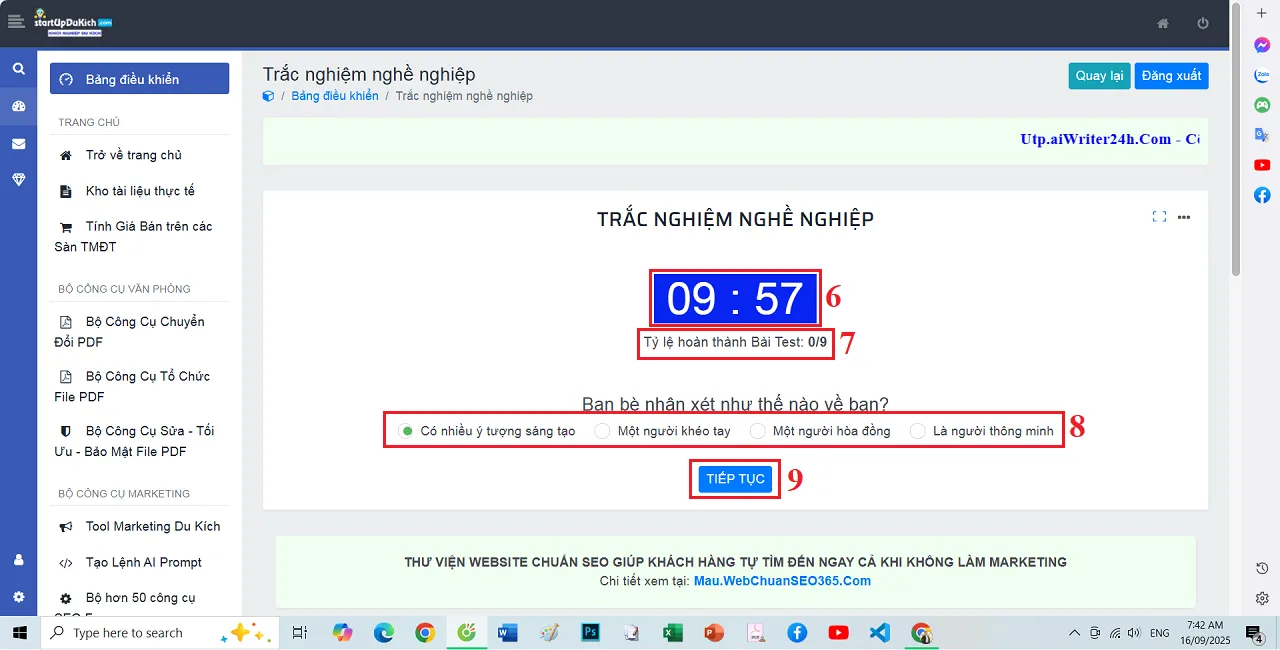 Giao diện thực hiện bài trắc nghiệm nghề nghiệp miễn phí