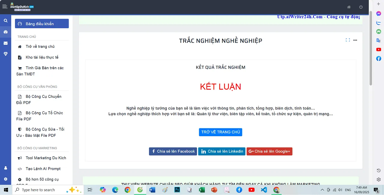 Kết quả trắc nghiệm nghề nghiệp online mức cơ bản