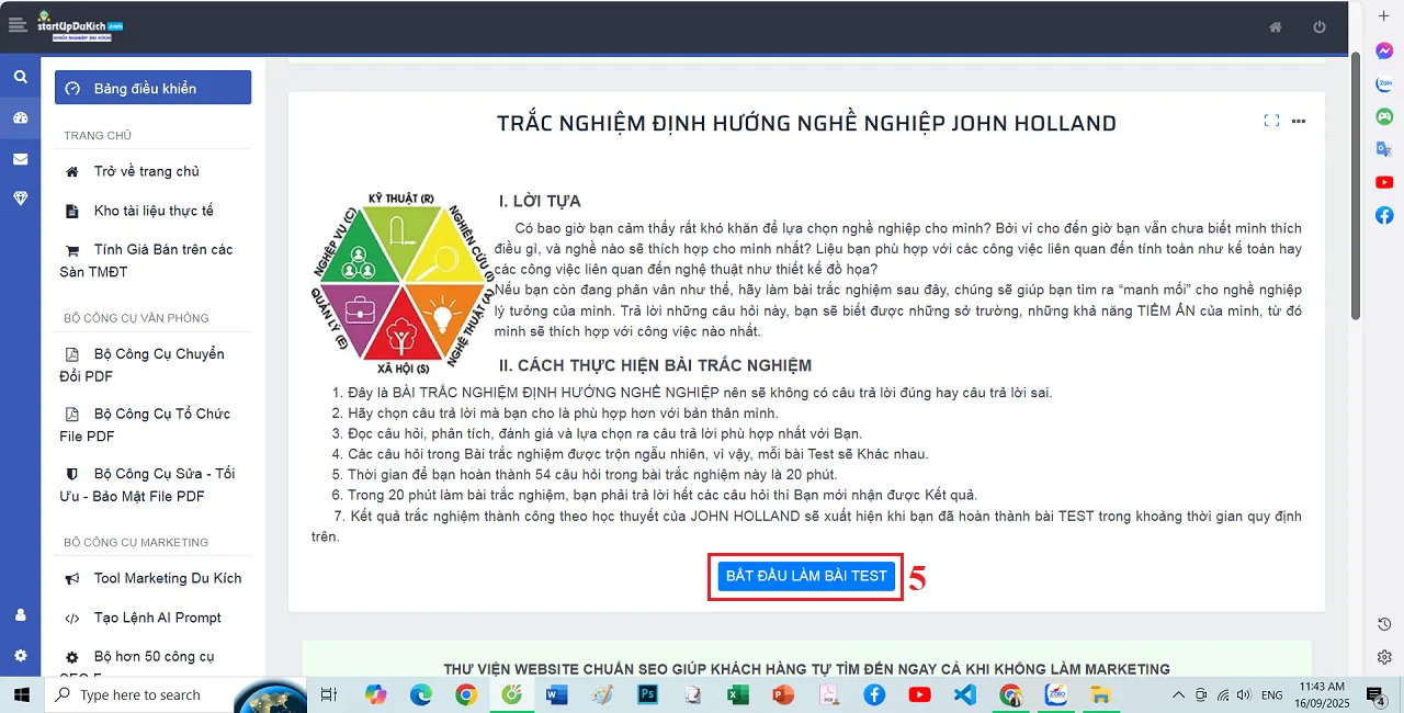 Giao diện làm việc của Phần mềm Trắc nghiệm nghề nghiệp online nâng cao theo học thuyết JOHN HOLLAND