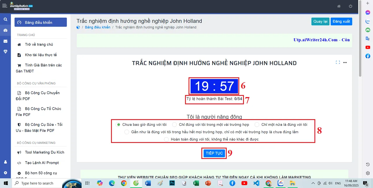 Giao diện thực hiện bài trắc nghiệm nghề nghiệp online theo học thuyết JOHN HOLLAND