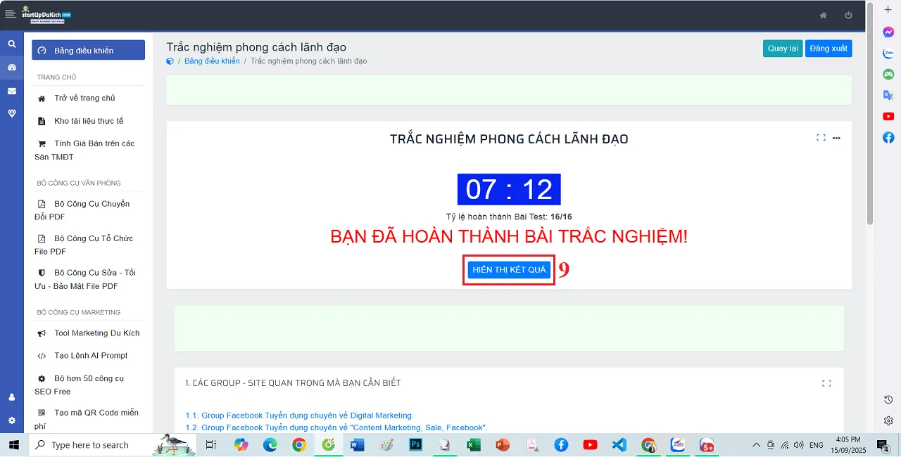 Giao diện hoàn thành bài Trắc nghiệm phong cách lãnh đạo