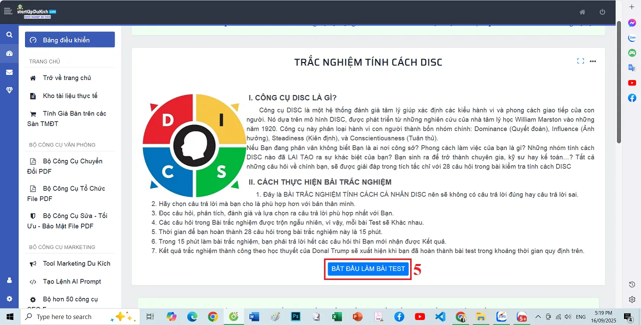 Giao diện làm việc của Công cụ Trắc nghiệm tính cách online miễn phí theo mô hình DISC