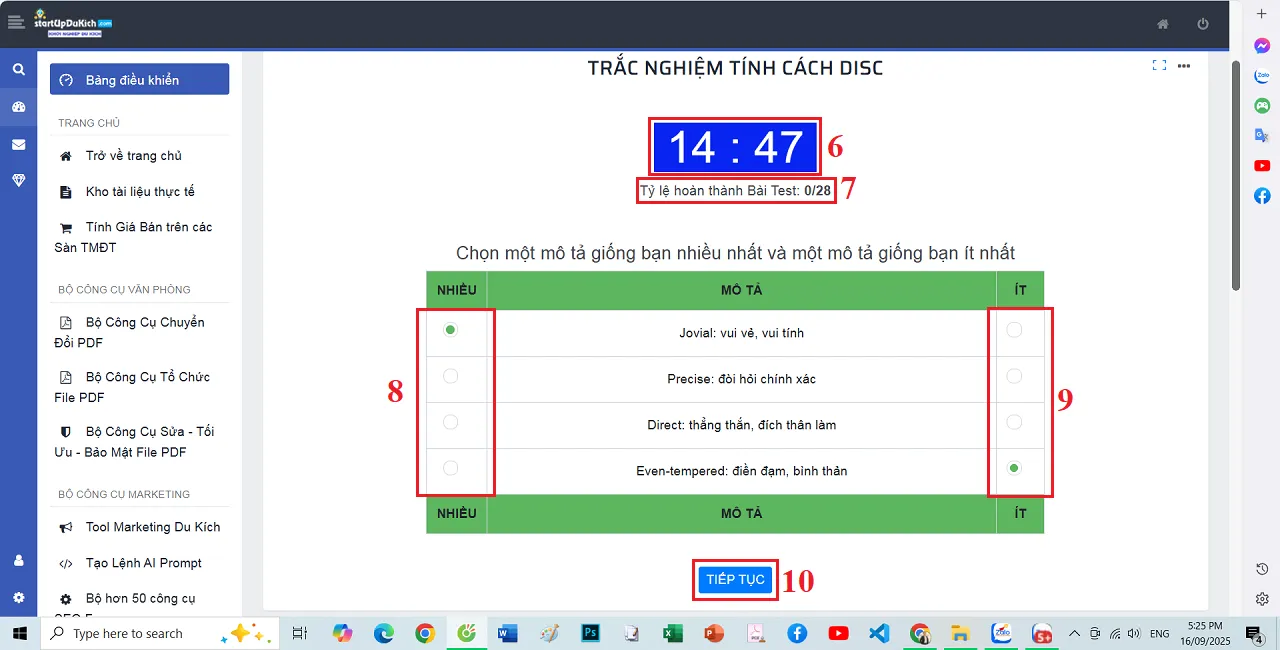 Giao diện làm Bài trắc nghiệm tính cách theo mô hình DISC