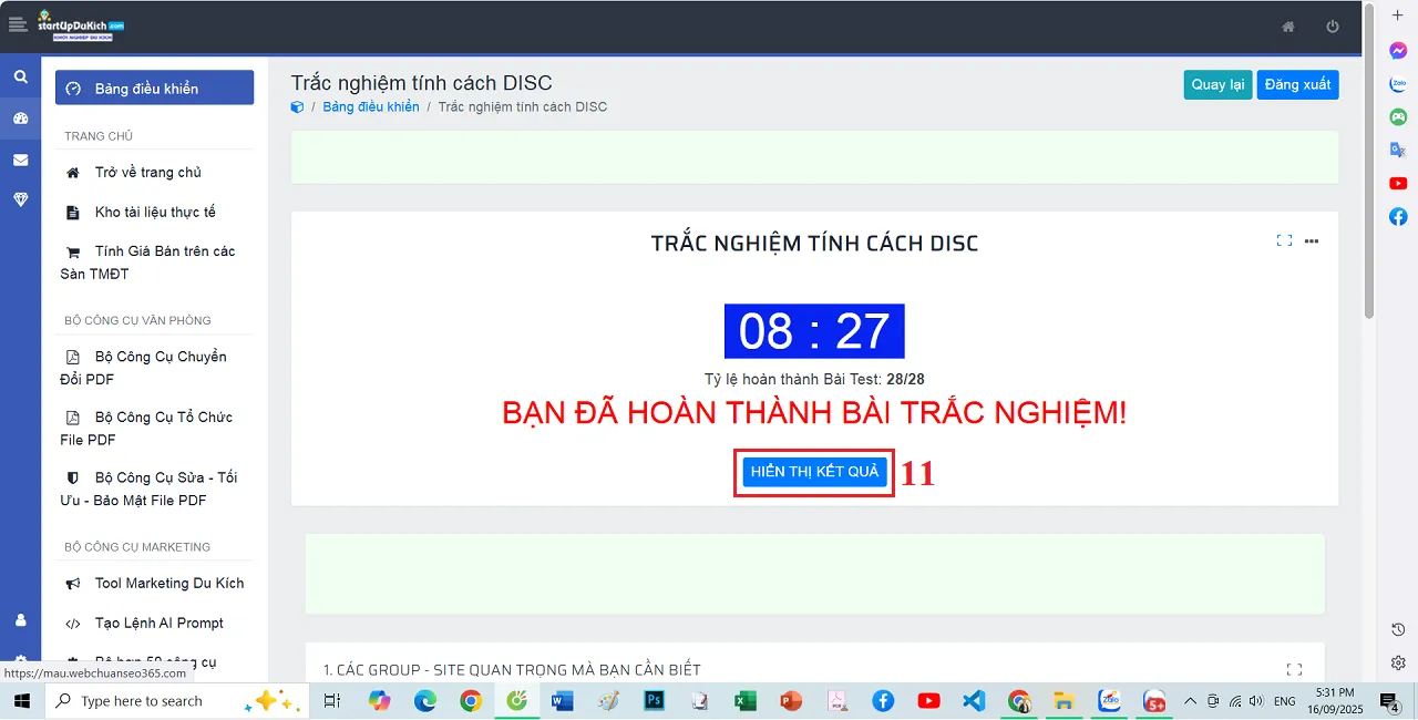 Giao diện Hoàn thành Bài Trắc nghiệm tính cách online theo mô hình DISC