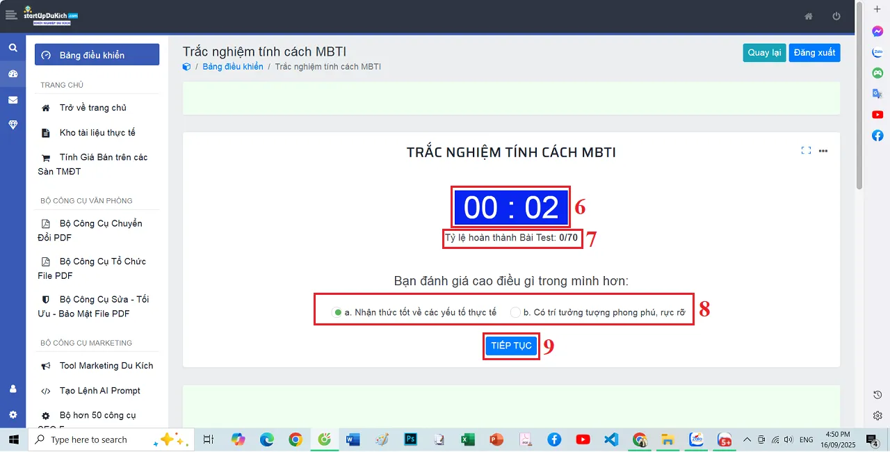 Giao diện làm Bài Trắc nghiệm tính cách theo mô hình MBTI