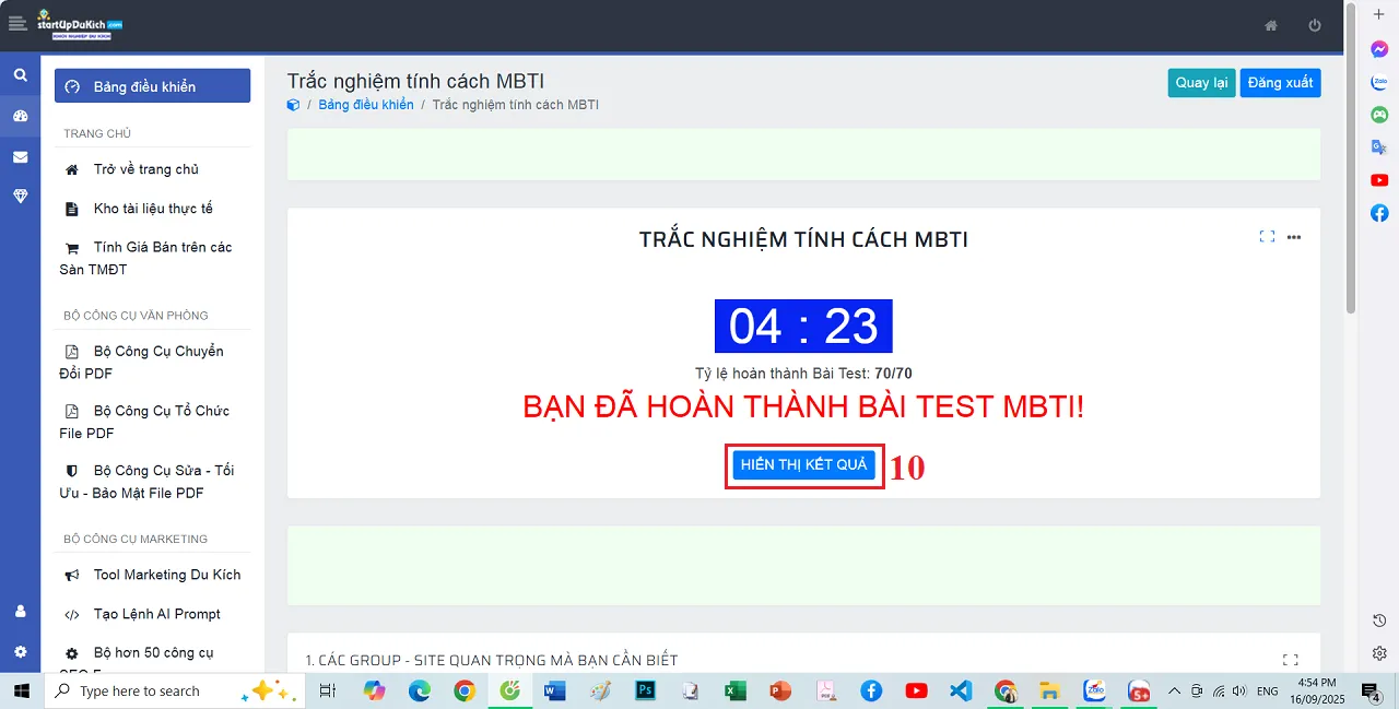 Giao diện Hoàn thành trắc nghiệm tính cách theo mô hình MBTI