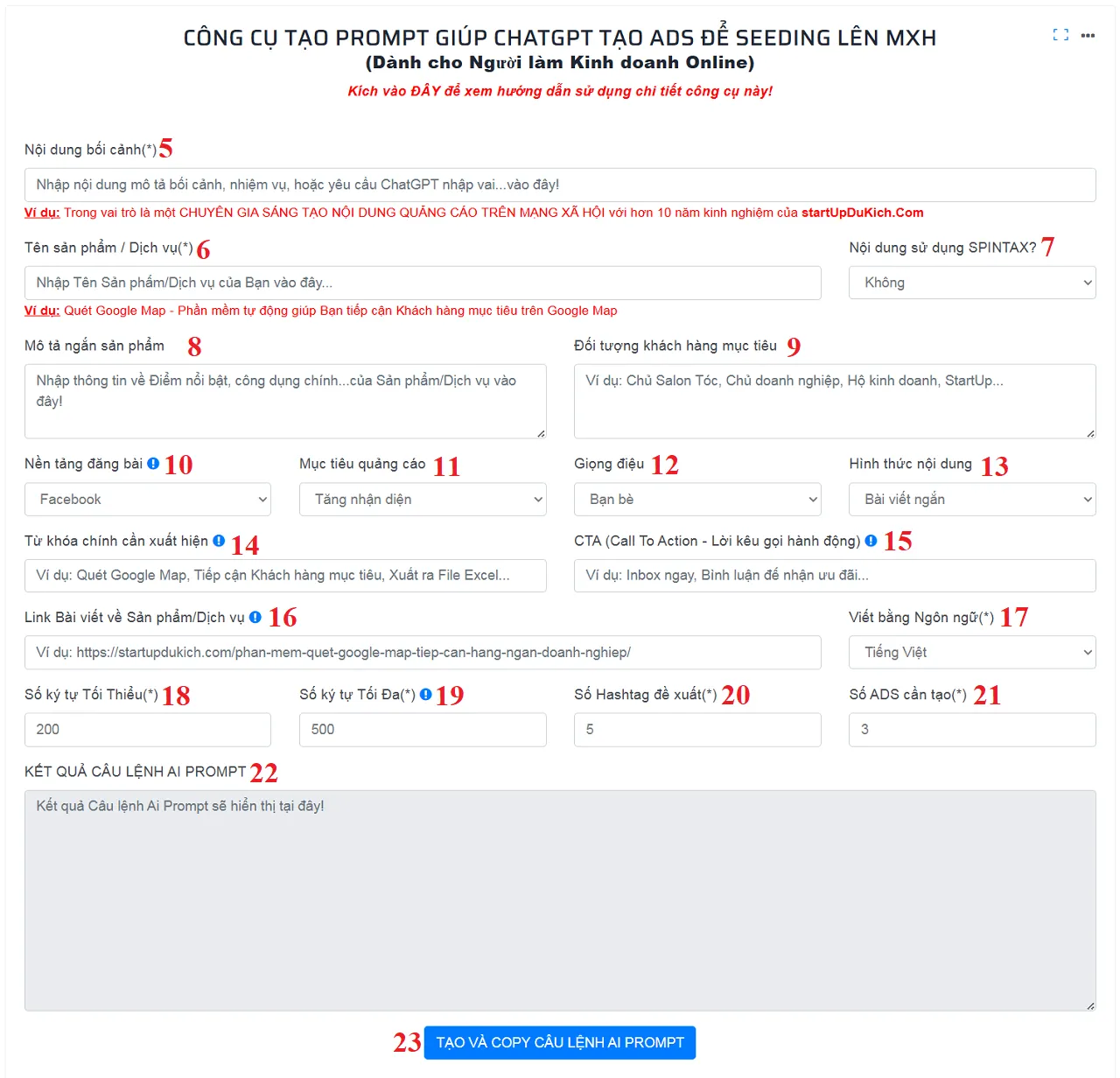 Tạo quảng cáo miễn phí với AI Prompt - Giao diện làm việc của công cụ Tạo Prompt để Giúp AI tạo nội dung Quảng cáo