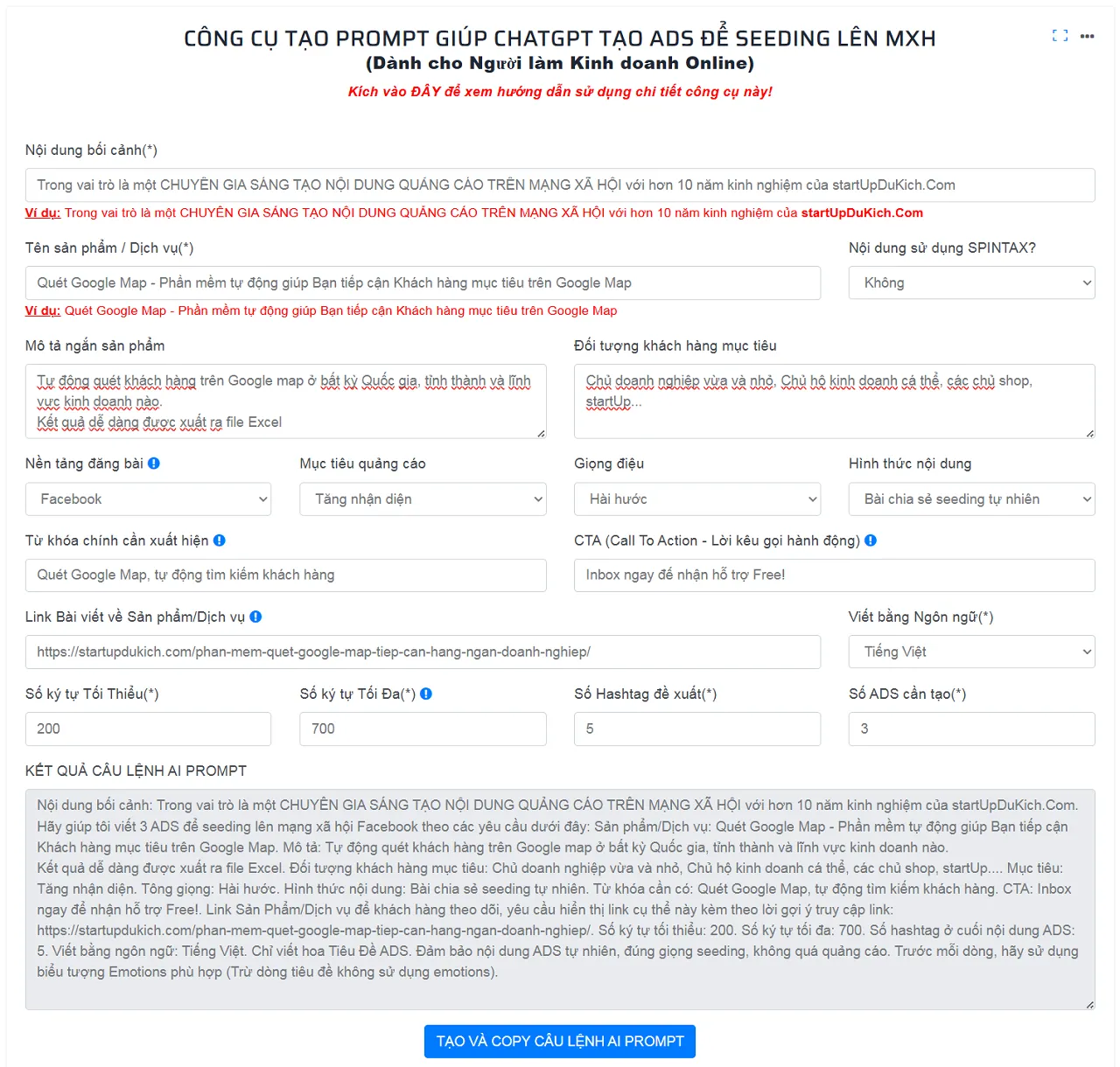 Tạo quảng cáo miễn phí với AI Prompt - Prompt kết quả được tạo bởi công cụ Tạo Prompt Online miễn phí