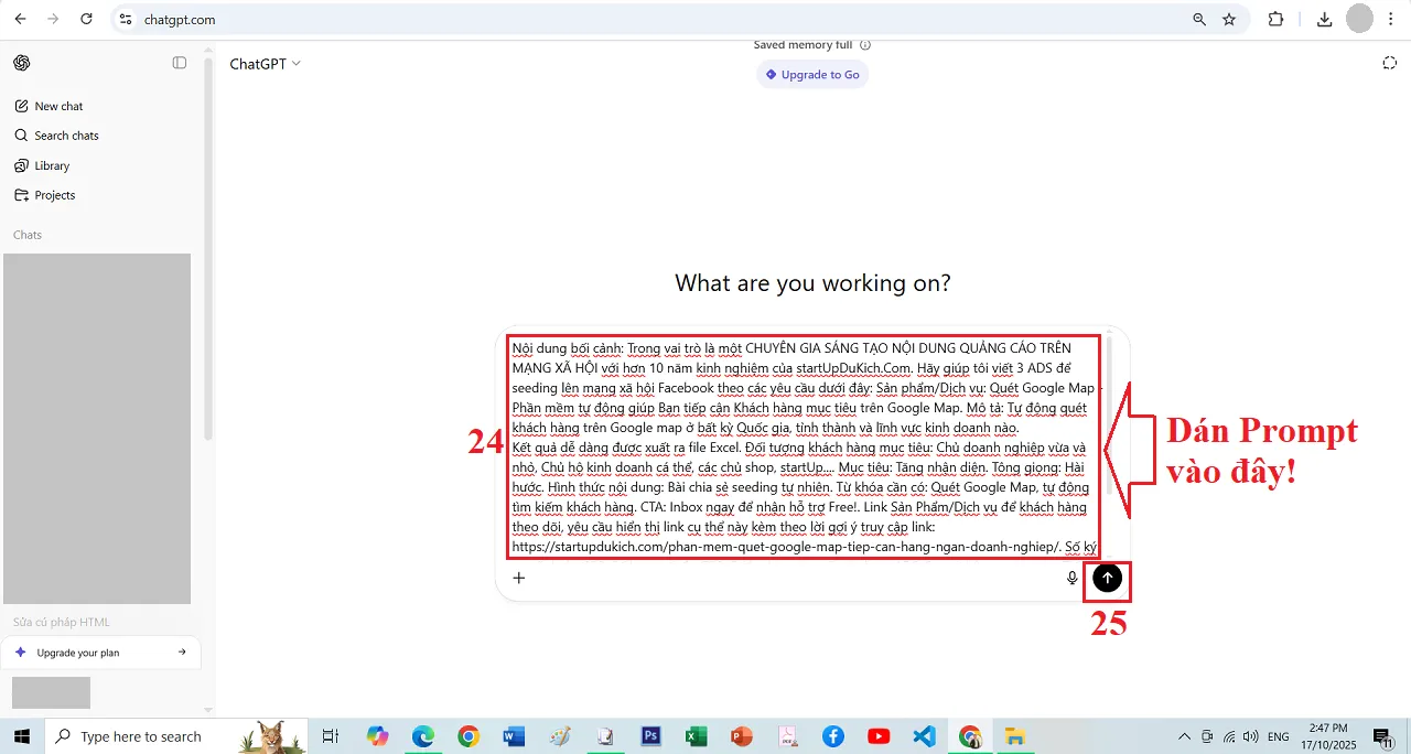 Tạo quảng cáo miễn phí với AI Prompt - Dán Prompt vào cửa sổ ChatGPT và ra lệnh ChatGPT thực hiện Prompt