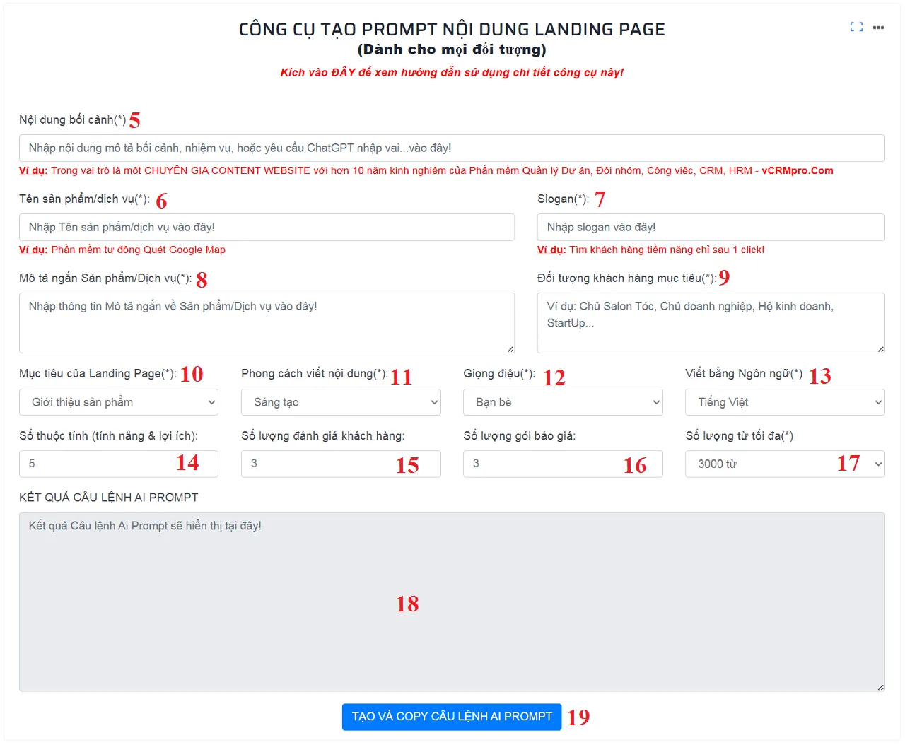 Giao diện Phần mềm tạo Prompt sáng tạo nội dung cho landing page