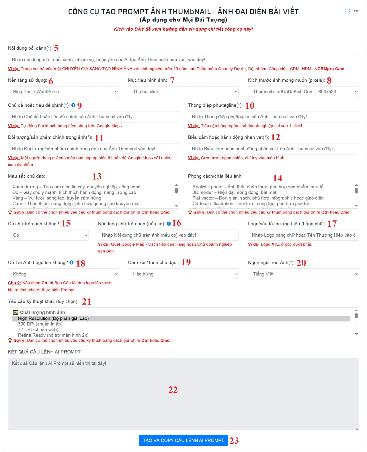 Giao diện làm việc của Công cụ Tạo Prompt sáng tạo ảnh đại diện bài viết