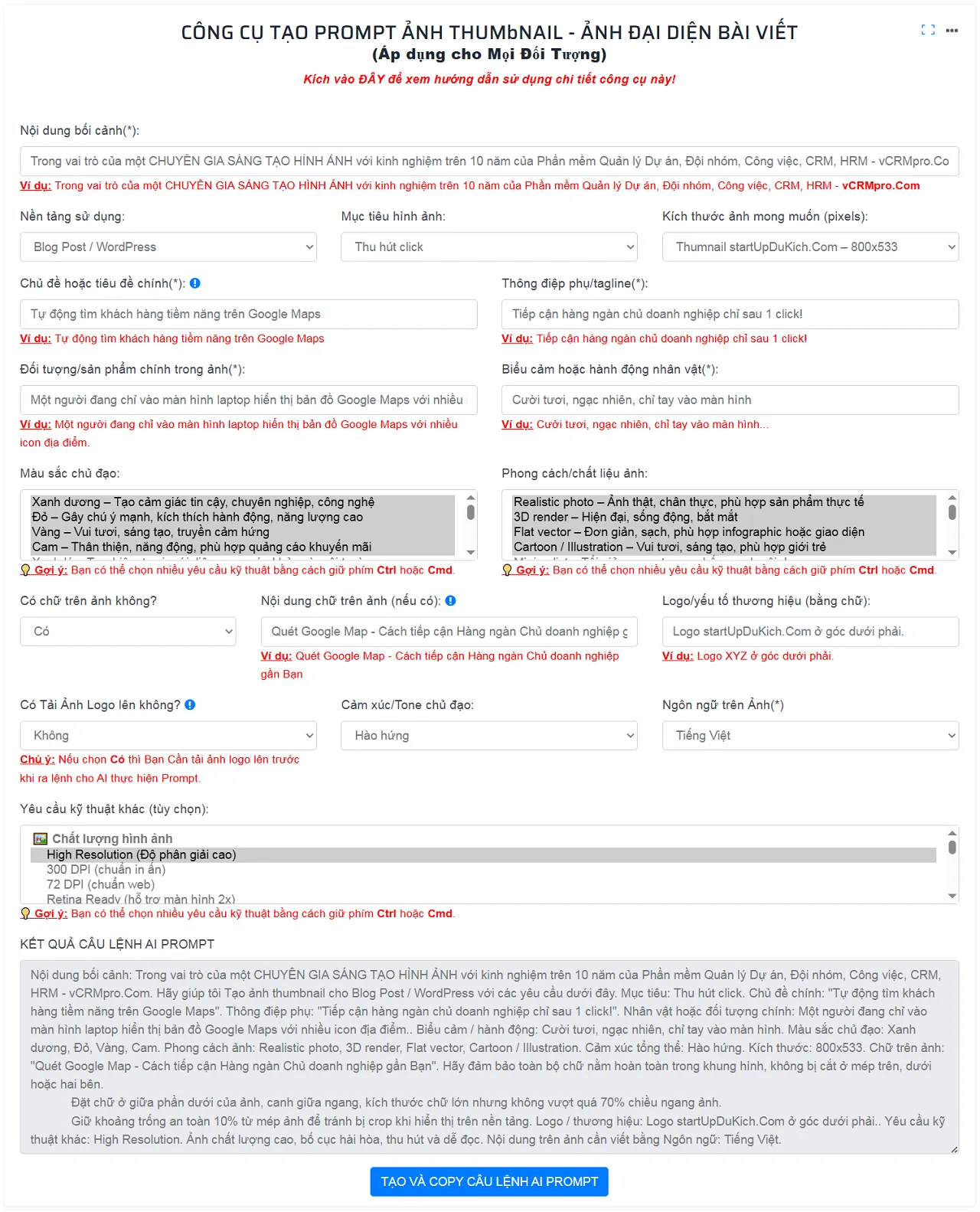 Giao diện Hoàn thành tạo Prompt sáng tạo ảnh đại diện bài viết