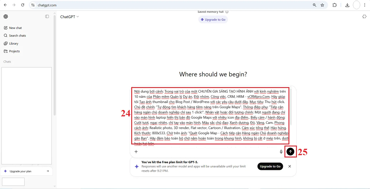Dán Prompt và Ra lệnh cho ChatGPT thực hiện Prompt sáng tạo ảnh đại diện bài viết