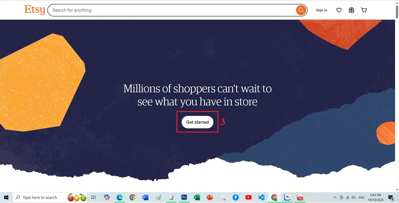 Tạo tài khoản Etsy bán hàng - Chọn Get started để bắt đầu tạo tài khoản Etsy bán hàng