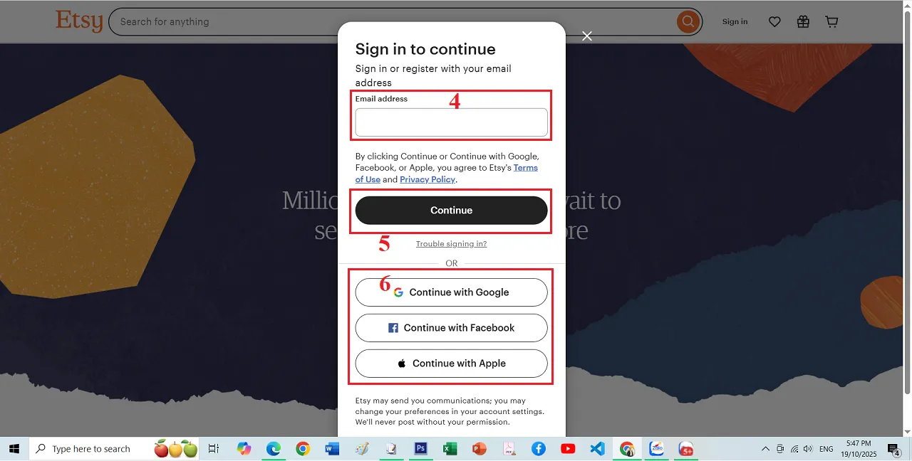 Nhập Email để tạo tài khoản Etsy bán hàng