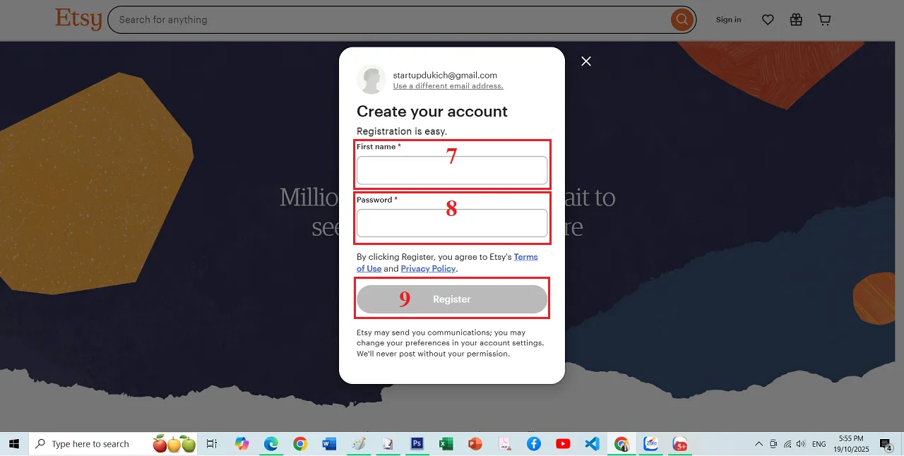 Tạo tài khoản Etsy bán hàng - Nhập thông tin cho tài khoản Etsy bán hàng của Bạn