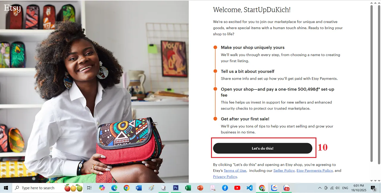 Tạo tài khoản Etsy bán hàng - Giao diện Chào mừng Bạn từ Etsy