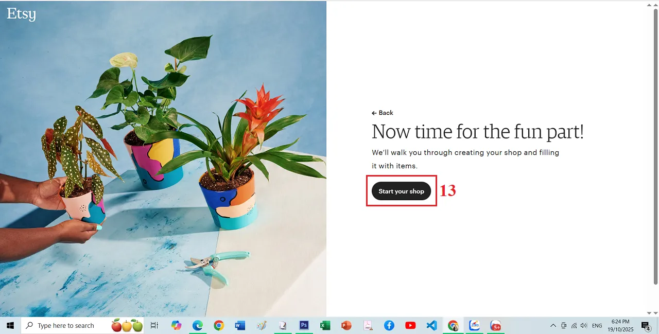 Tạo tài khoản Etsy bán hàng - Giao diện cửa sổ gợi ý bắt đầu tạo Shop của Bạn trên Etsy