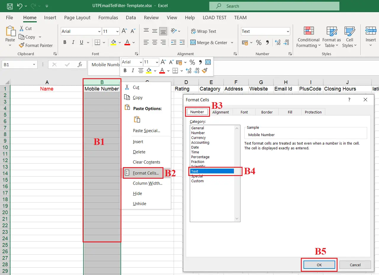 Cách chuyển đổi định dạng dữ liệu cho cột Mobile Number