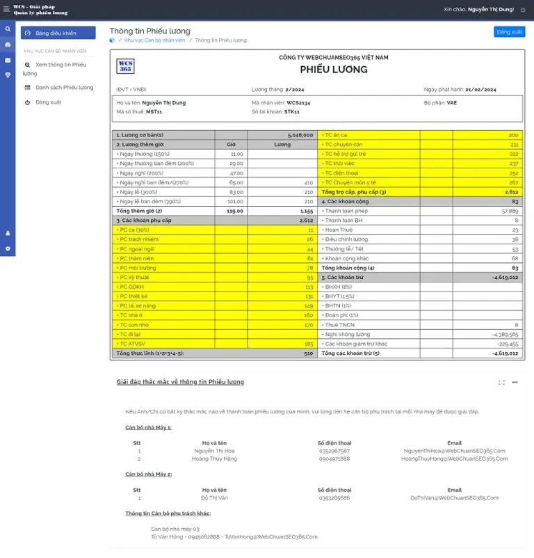 Giao diện hiển thị phiếu lương theo tháng dành cho Nhân viên Theo Giải pháp tự động gửi phiếu lương cho nhân viên