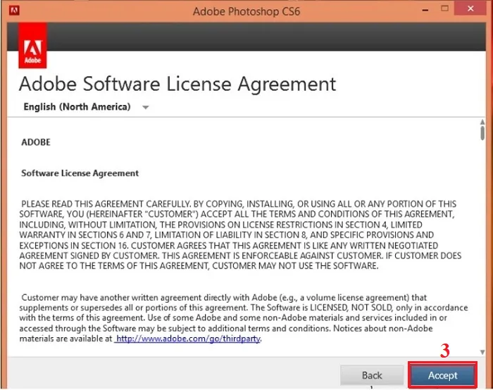 Chấp nhận các điều khoản để Cài đặt Photoshop CS6