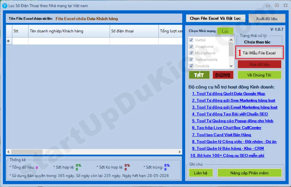 Giao diện làm việc của Phần mềm lọc số điện thoại sống