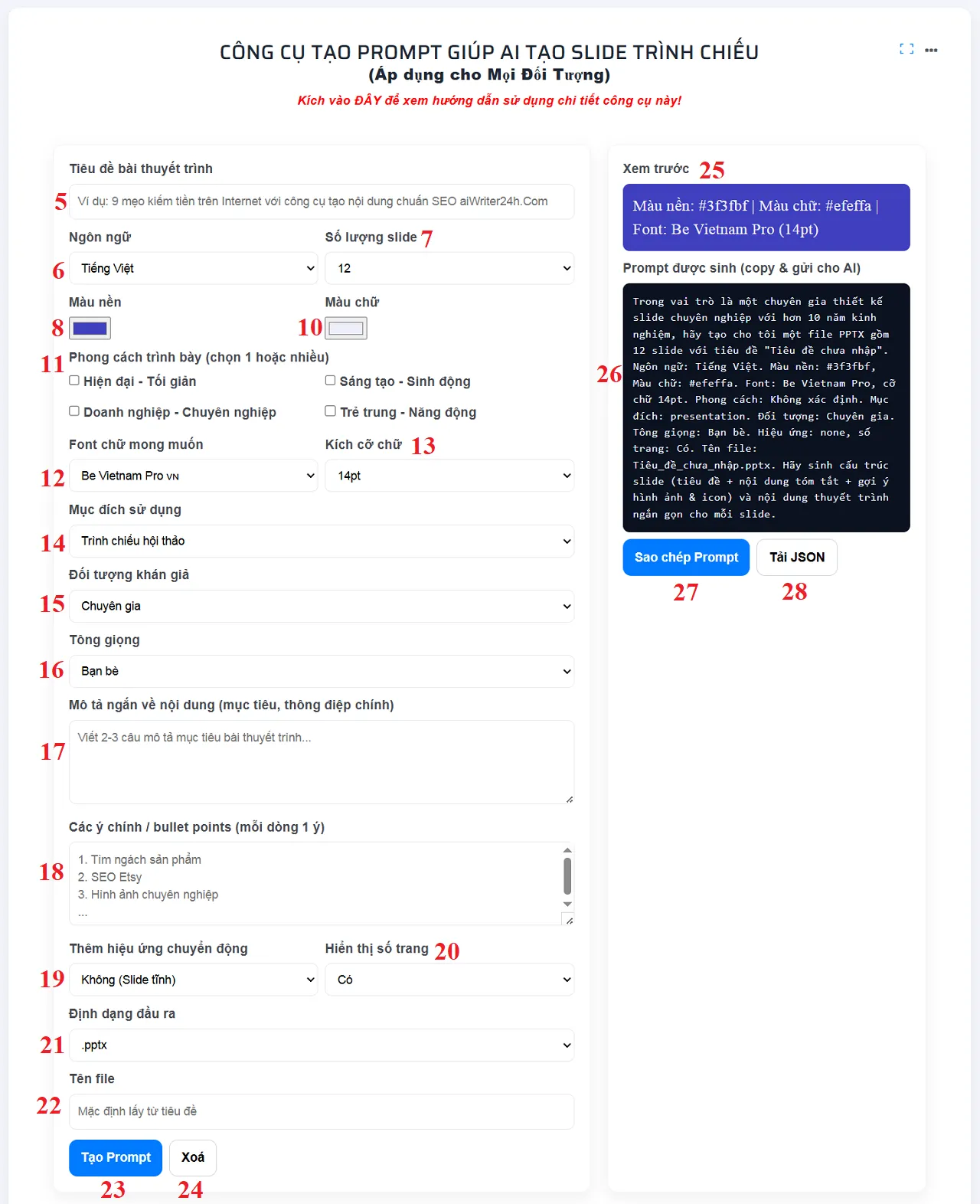 Hướng dẫn tạo Prompt - Giao diện làm việc của công cụ Tạo Prompt giúp AI làm Slide