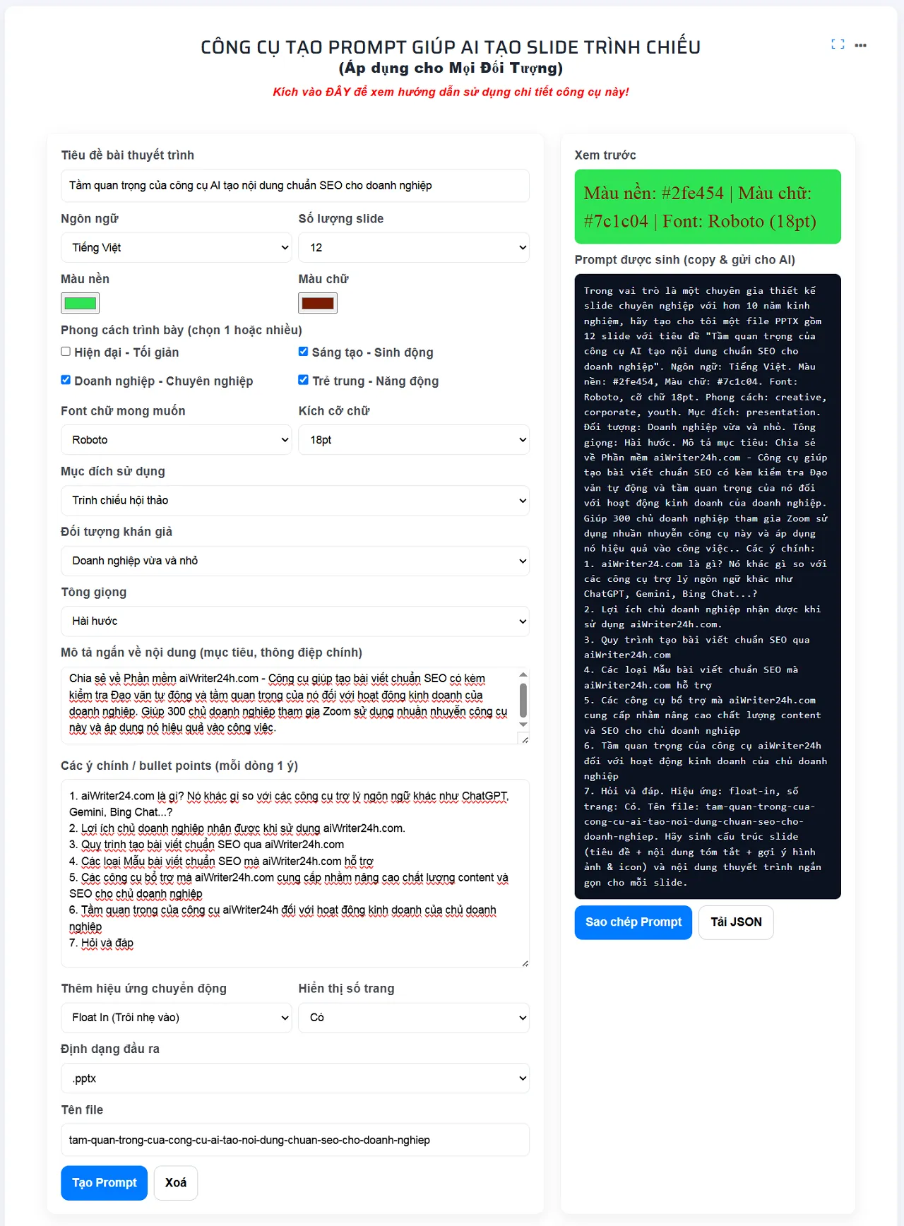 Hướng dẫn tạo Prompt - Kết quả tạo Prompt giúp AI làm Slide thuyết trình