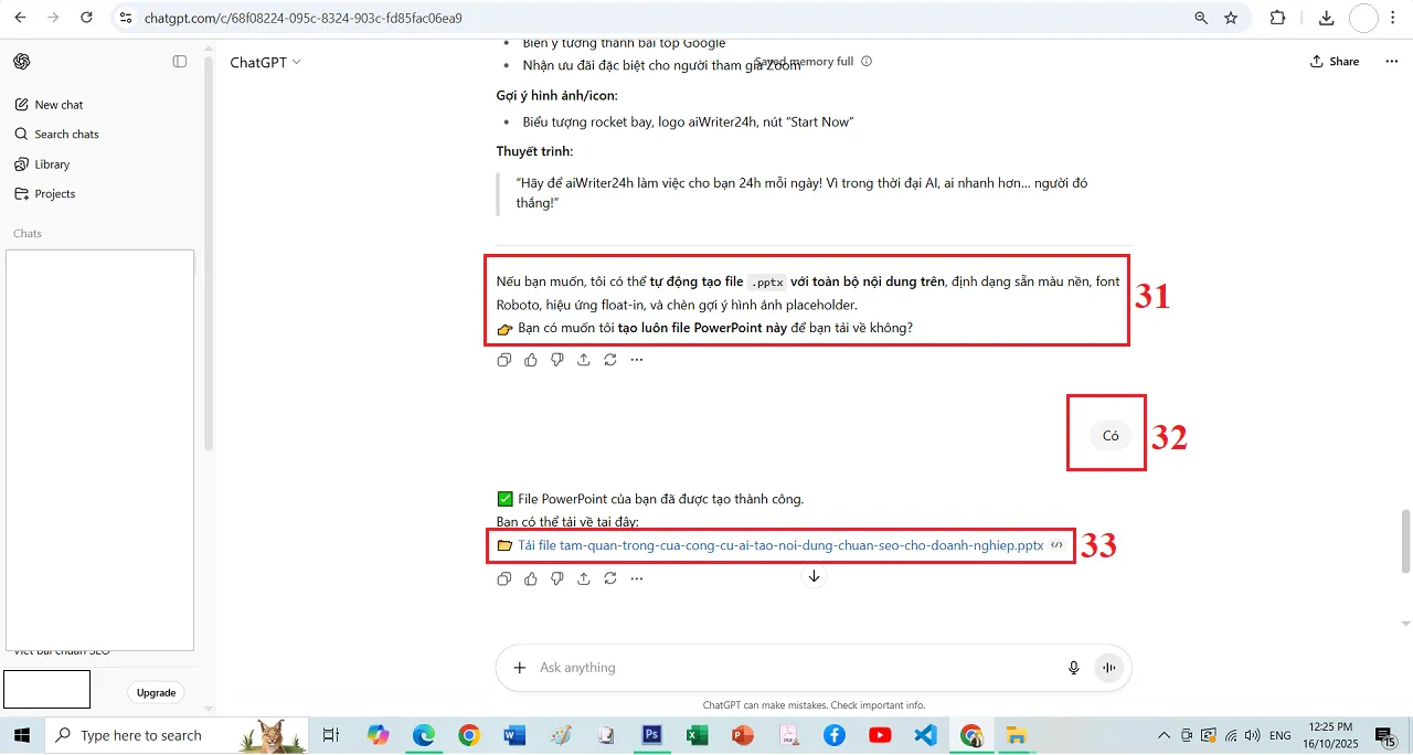 Hướng dẫn tạo Prompt - Kết quả tạo File slide trình chiếu do ChatGPT thực hiện với Prompt trên