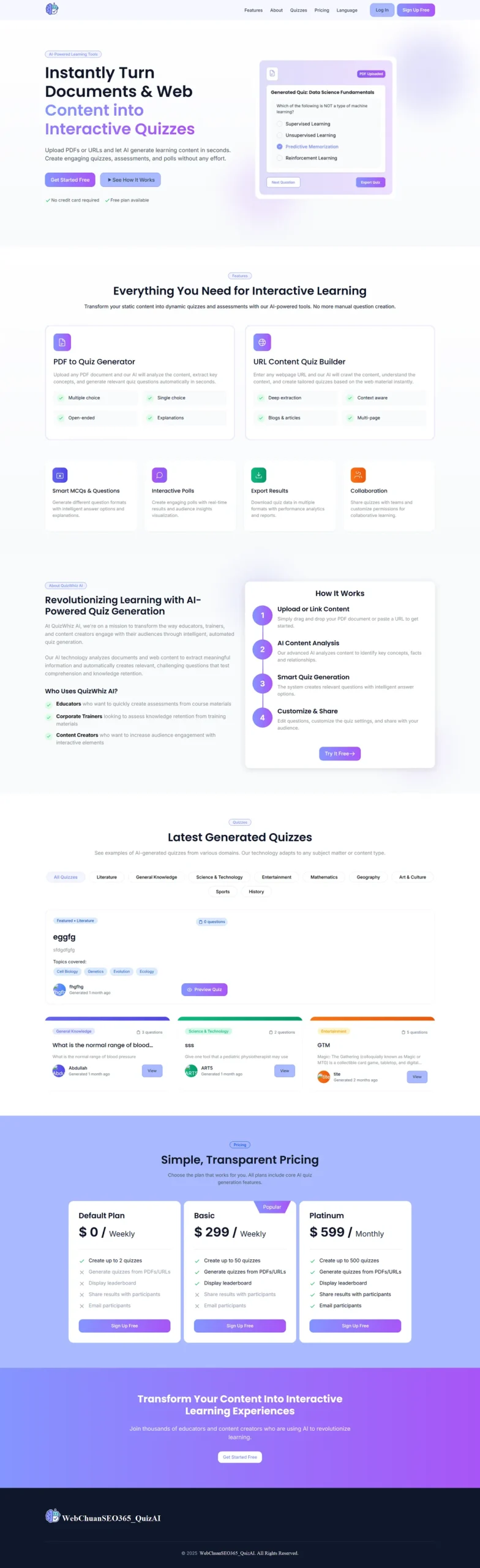 Giao diện Trang chủ của nền tảng tạo Quiz và trắc nghiệm bằng AI