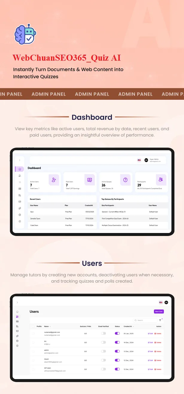 Một phần trong Giao diện Quản trị của nền tảng tạo Quiz và trắc nghiệm bằng AI