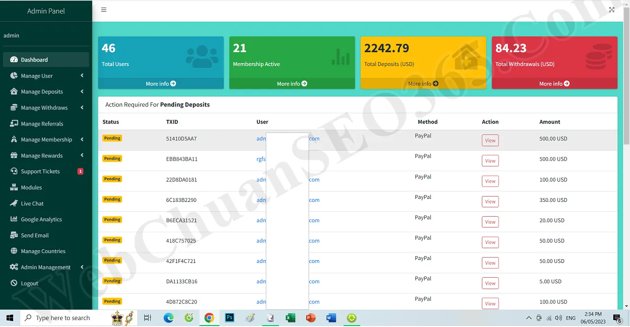 Giao diện quản trị của ứng dụng Web quản lý kinh doanh đa cấp