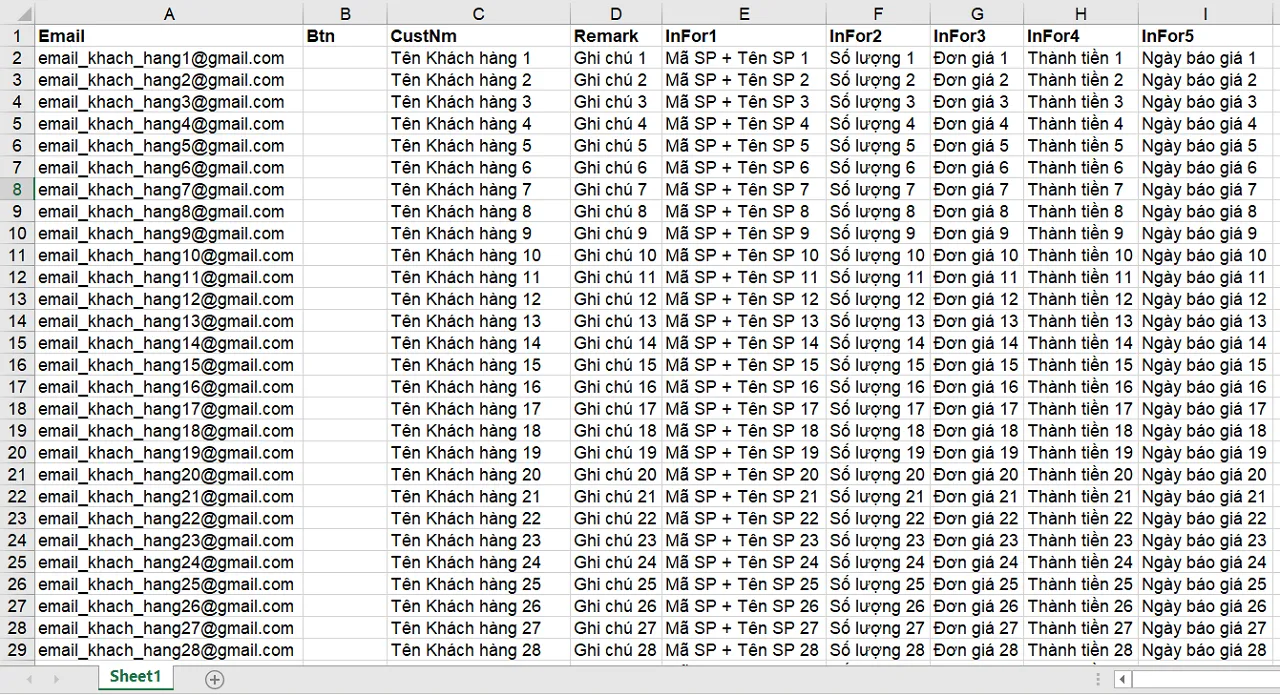 Tự động gửi mail báo giá hàng loạt - Kết quả tổ chức dữ liệu Khách hàng vào File Excel mẫu