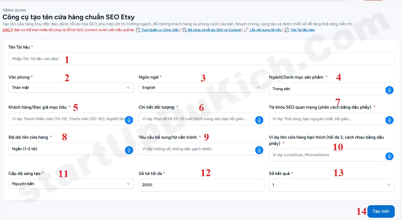 Giao diện làm việc của công cụ AI tạo tên shop Etsy chuẩn SEO