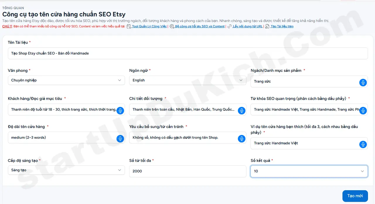 Kết quả nhập liệu theo yêu cầu của công cụ AI tạo tên Shop Etsy chuẩn SEO tự động