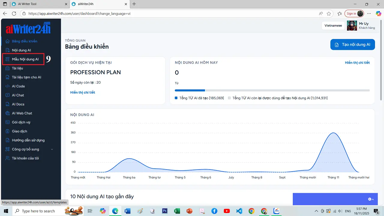 Danh Sách Tool Tạo Content Chuẩn SEO Etsy - Giao diện quản trị của công cụ AI tạo content chuẩn SEO Etsy ở chế độ Tiếng Việt