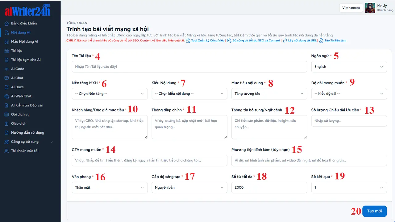 Cách tạo nội dung seeding lên mạng xã hội - Giao diện làm việc của Trình tạo bài viết mạng xã hội