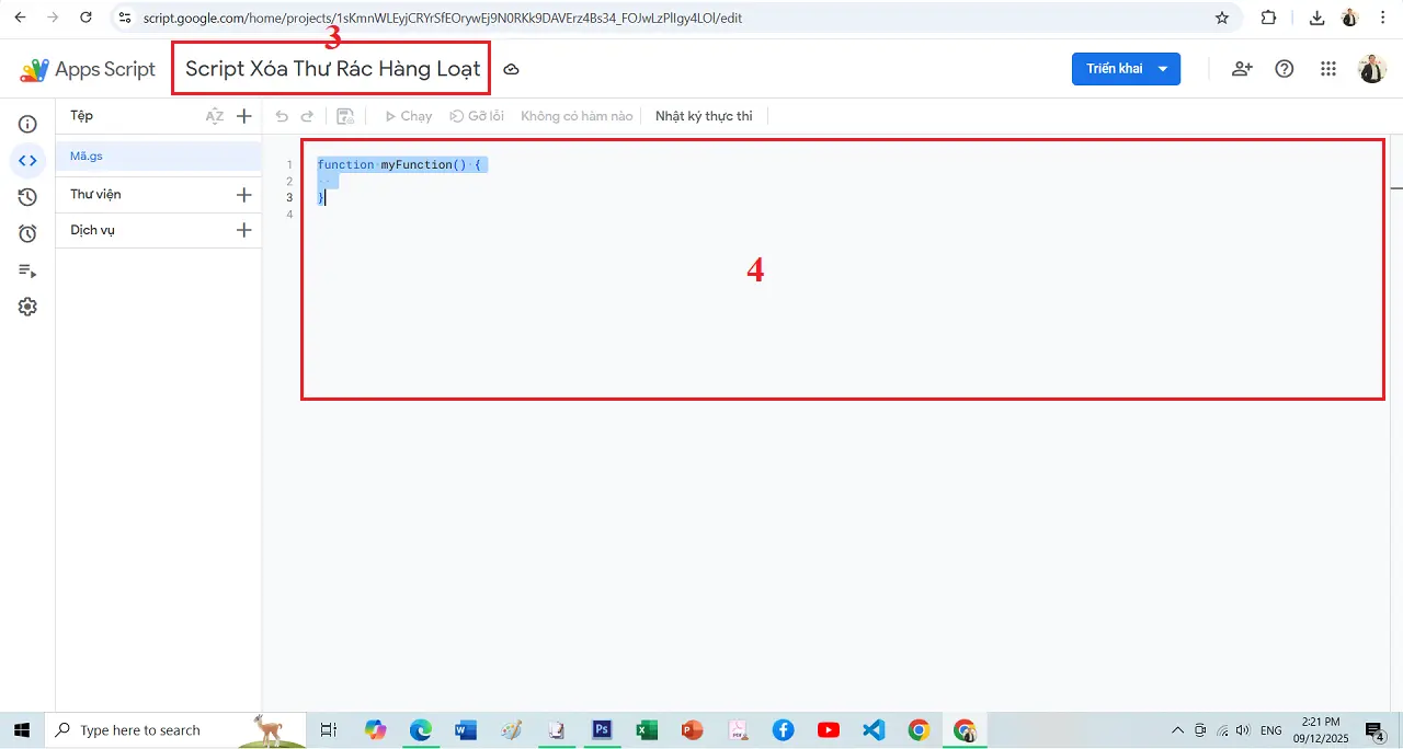 Cách xóa thư rác trong Gmail tự động hàng loạt - Giao diện Tạo dự án mới để tạo Script xóa thư rác trên Gmail tự động hàng loạt
