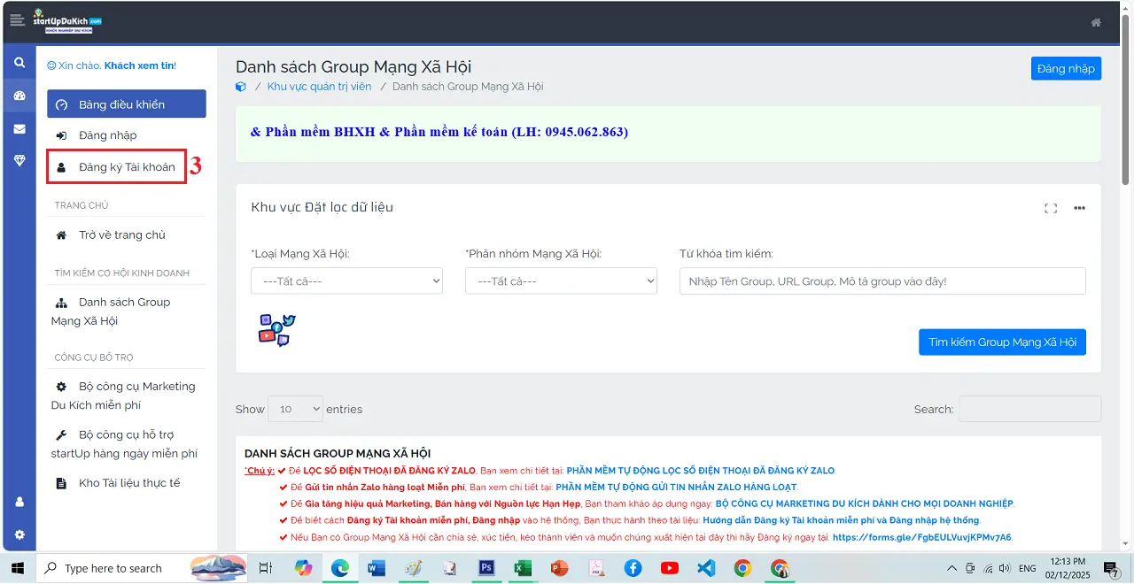 Hướng dẫn đăng ký tài khoản - Giao diện làm việc chính của Công cụ Tìm kiếm Group Mạng Xã Hội