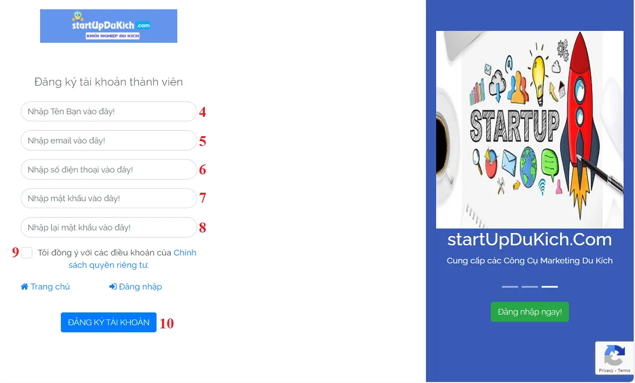 Hướng dẫn đăng ký tài khoản - Giao diện đăng ký tài khoản thành viên của startUpDuKich.com