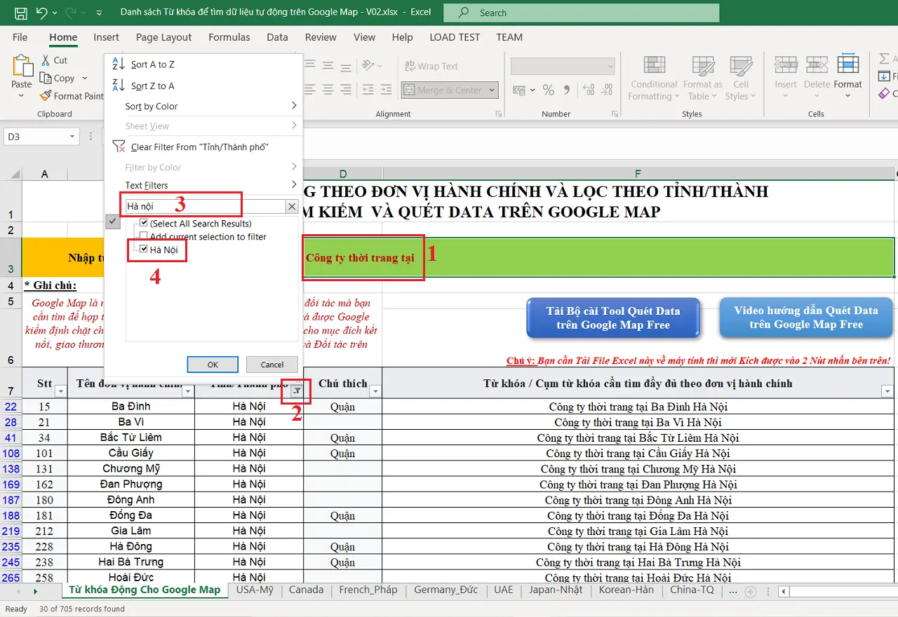 Tự động tạo Bộ từ khóa để tìm kiếm Chủ doanh nghiệp theo Quận/Huyện
